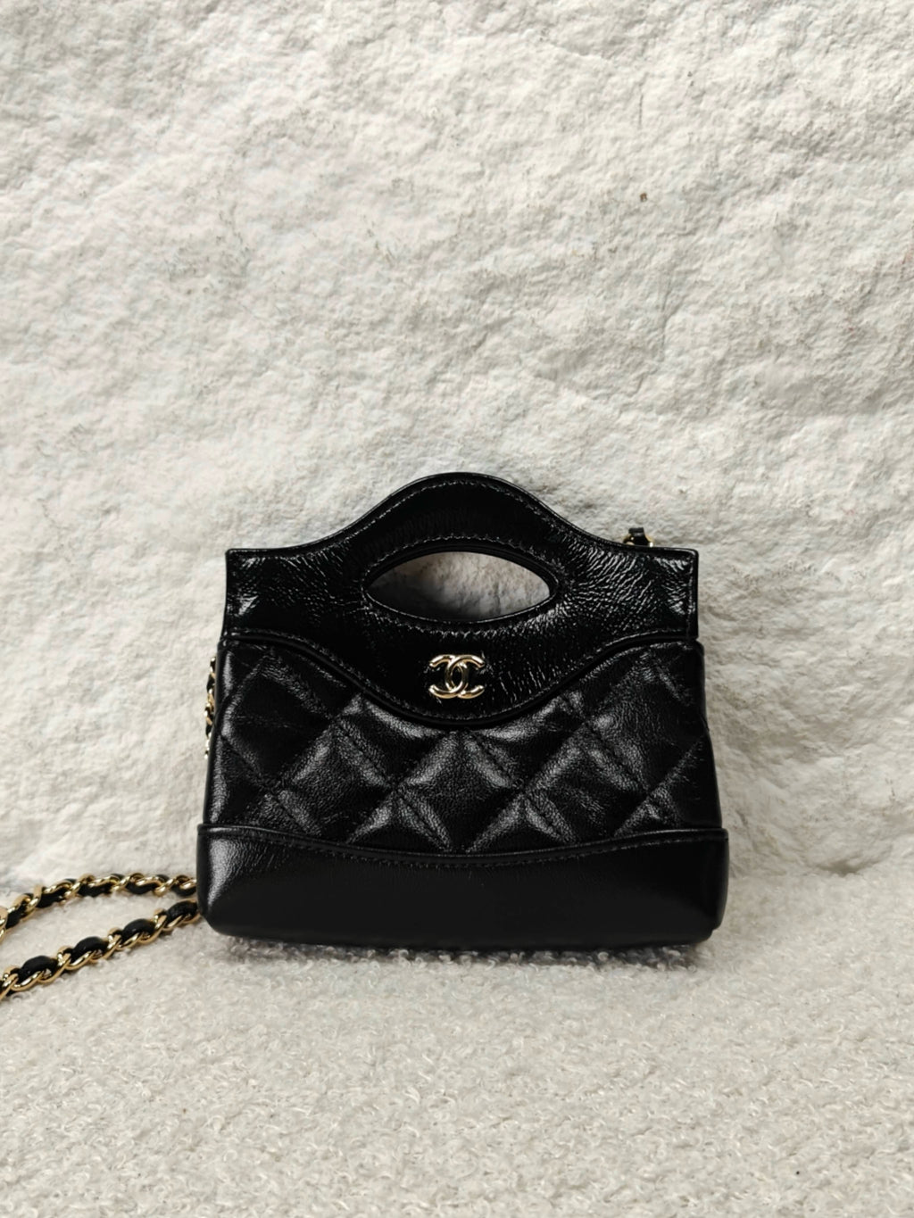 Chanel 31 Bag Super Mini Black Shiny Calfskin Gold‑Tone Hardware Pre‑Owned Top Handle Chain Crossbody
