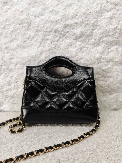 Chanel 31 Bag Super Mini Black Shiny Calfskin Gold‑Tone Hardware Pre‑Owned Top Handle Chain Crossbody
