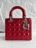 Christian Dior Lady Dior Medium Red Patent Cannage Silver‑Tone Hardware Pre‑Owned Top Handle Handbag