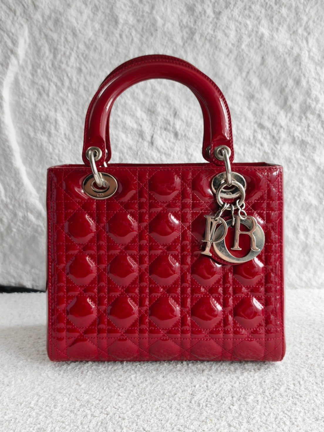 Christian Dior Lady Dior Medium Red Patent Cannage Silver‑Tone Hardware Pre‑Owned Top Handle Handbag