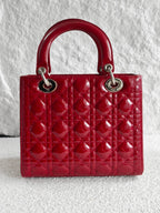 Christian Dior Lady Dior Medium Red Patent Cannage Silver‑Tone Hardware Pre‑Owned Top Handle Handbag