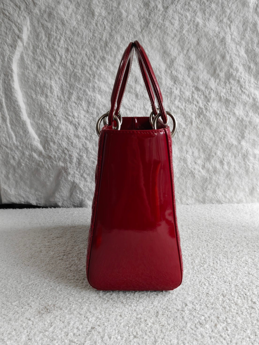 Christian Dior Lady Dior Medium Red Patent Cannage Silver‑Tone Hardware Pre‑Owned Top Handle Handbag