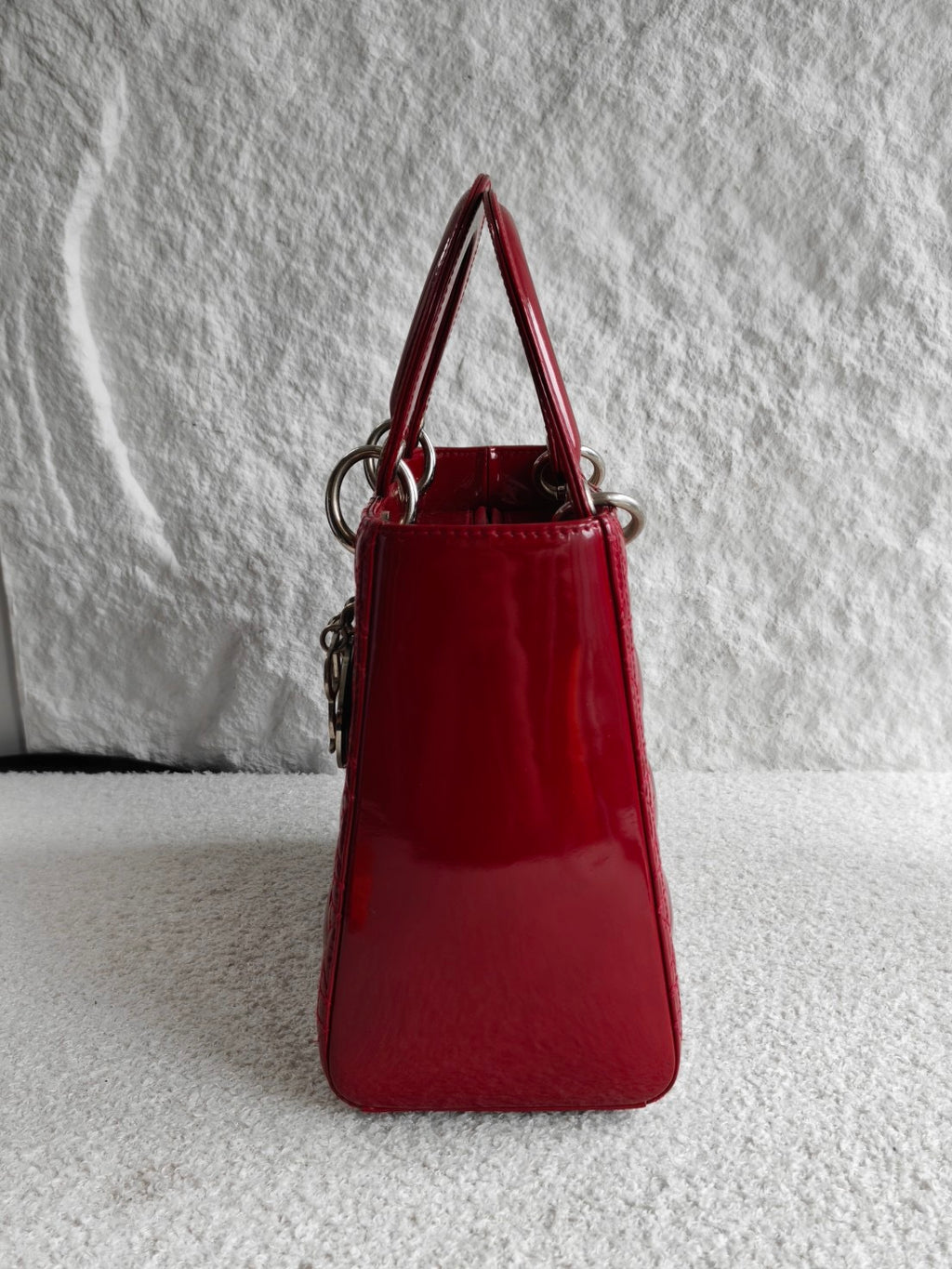 Christian Dior Lady Dior Medium Red Patent Cannage Silver‑Tone Hardware Pre‑Owned Top Handle Handbag