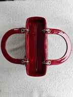 Christian Dior Lady Dior Medium Red Patent Cannage Silver‑Tone Hardware Pre‑Owned Top Handle Handbag