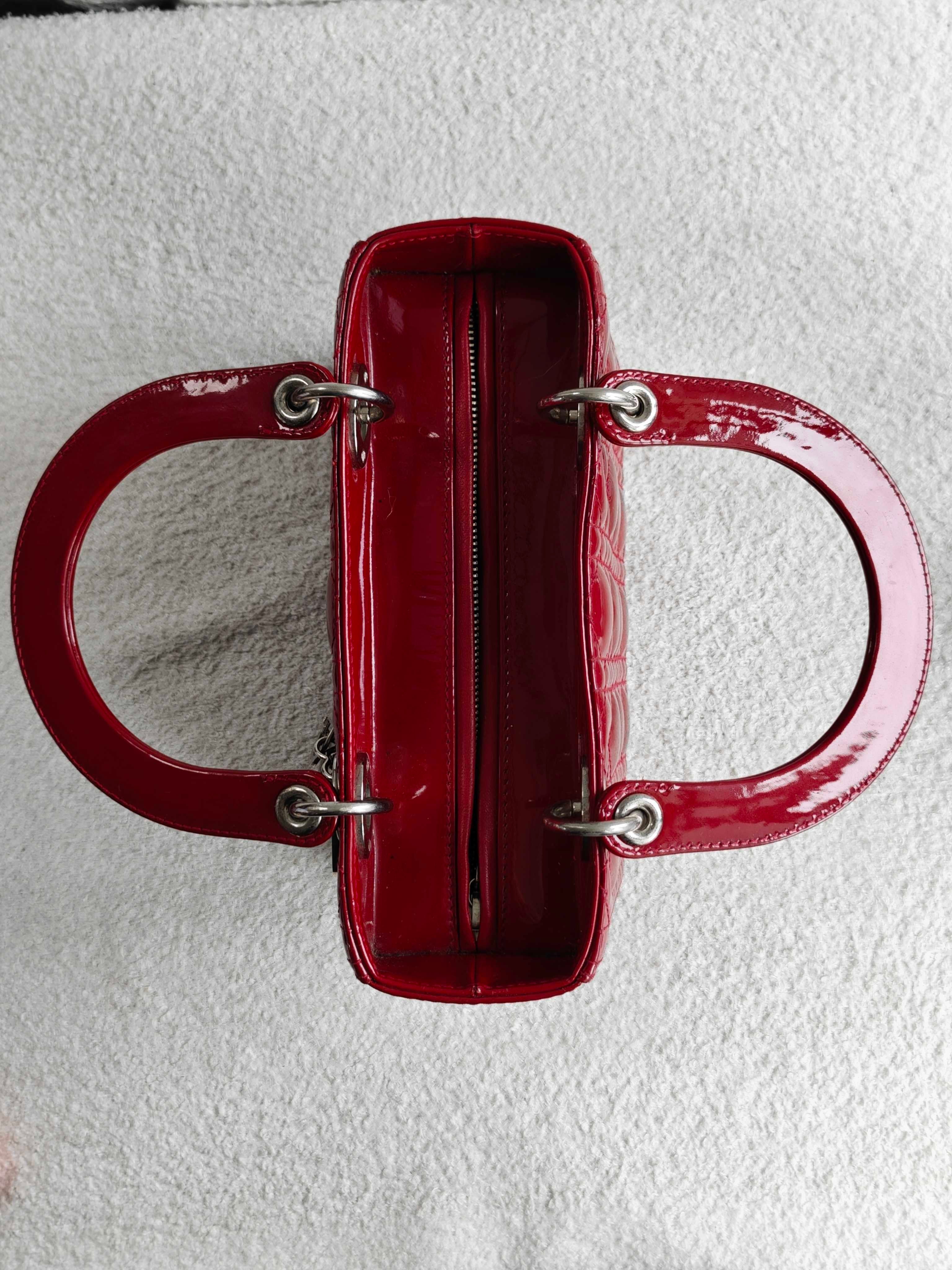 Christian Dior Lady Dior Medium Red Patent Cannage Silver‑Tone Hardware Pre‑Owned Top Handle Handbag