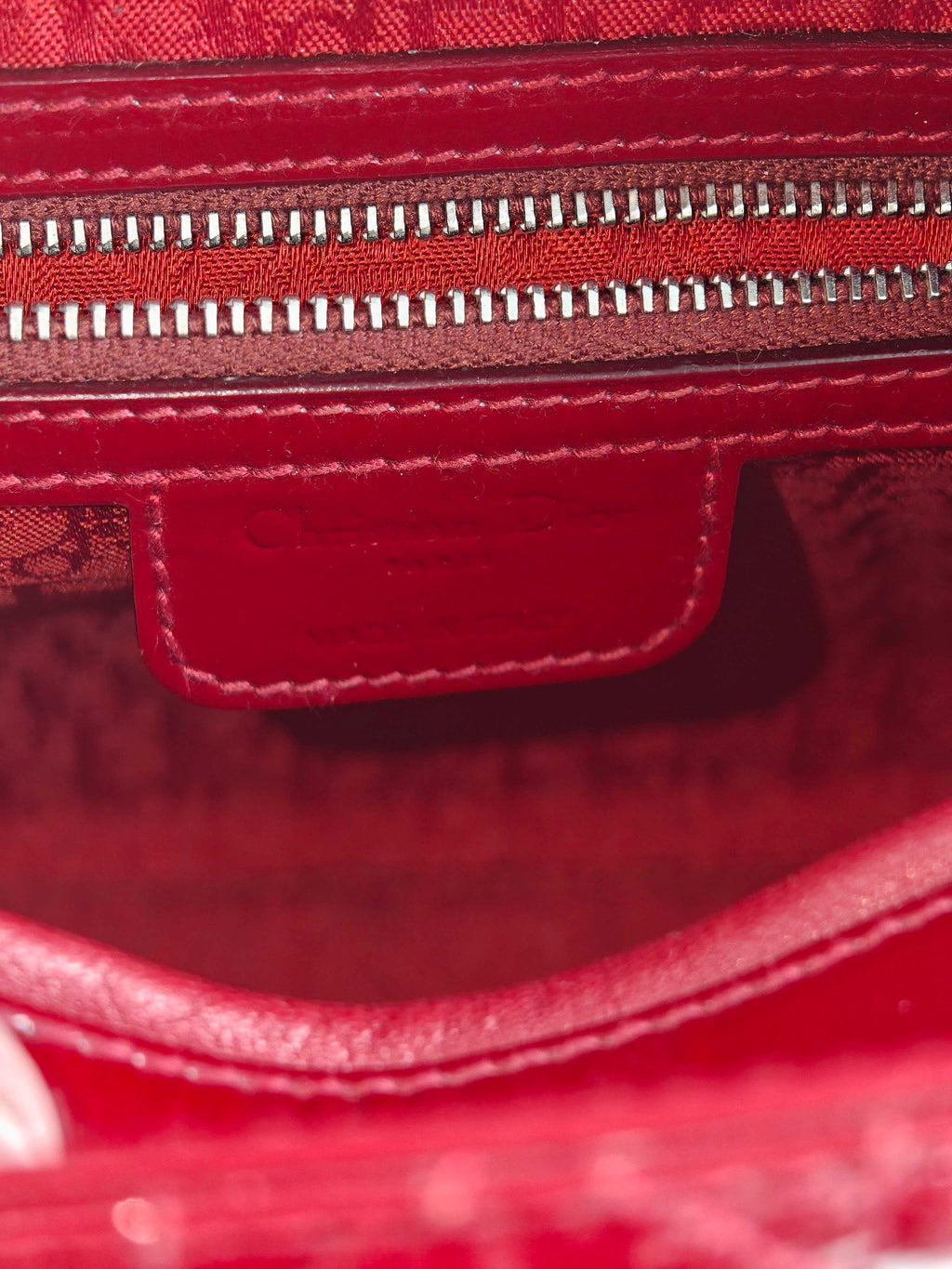 Christian Dior Lady Dior Medium Red Patent Cannage Silver‑Tone Hardware Pre‑Owned Top Handle Handbag