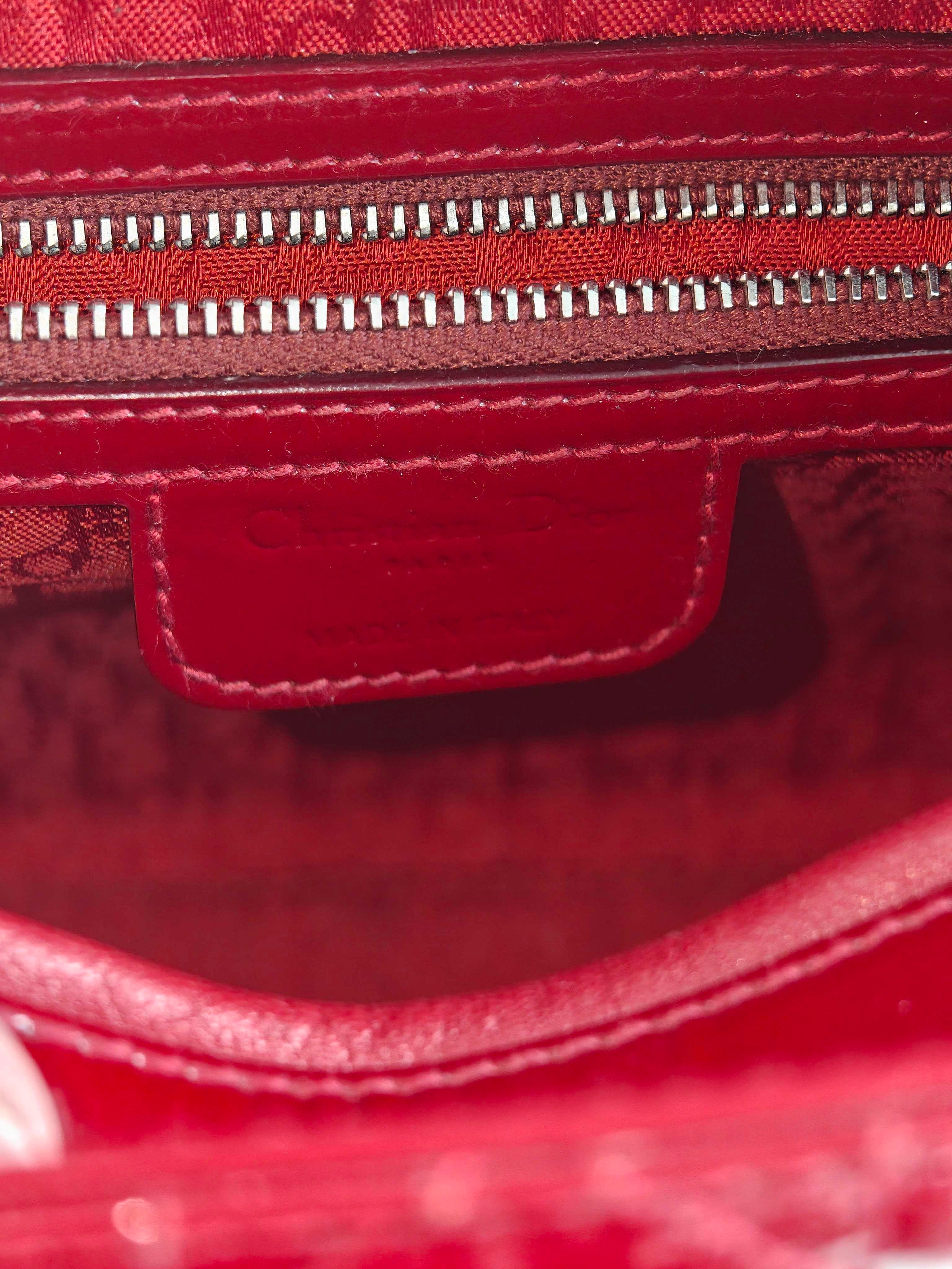 Christian Dior Lady Dior Medium Red Patent Cannage Silver‑Tone Hardware Pre‑Owned Top Handle Handbag
