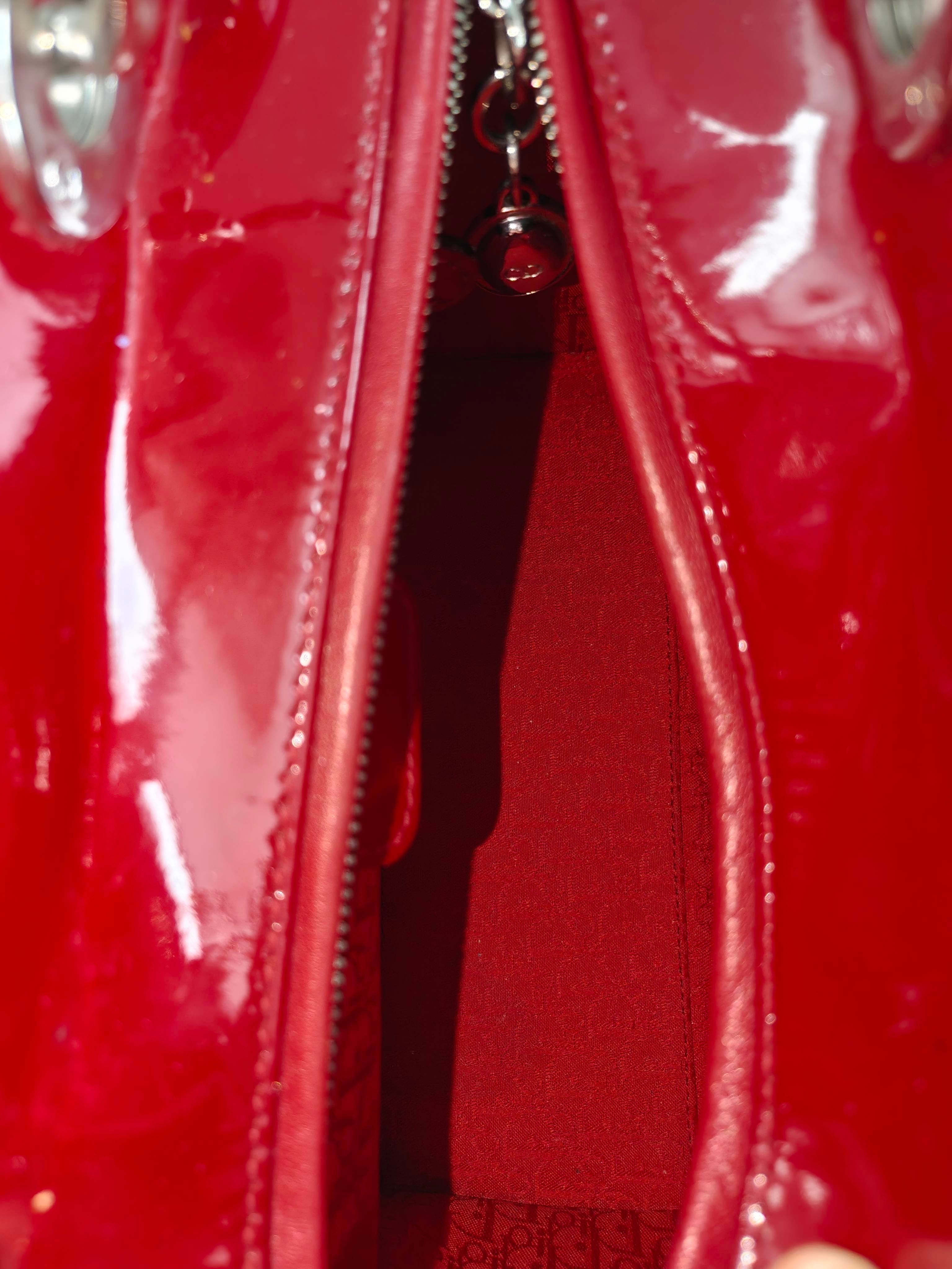 Christian Dior Lady Dior Medium Red Patent Cannage Silver‑Tone Hardware Pre‑Owned Top Handle Handbag