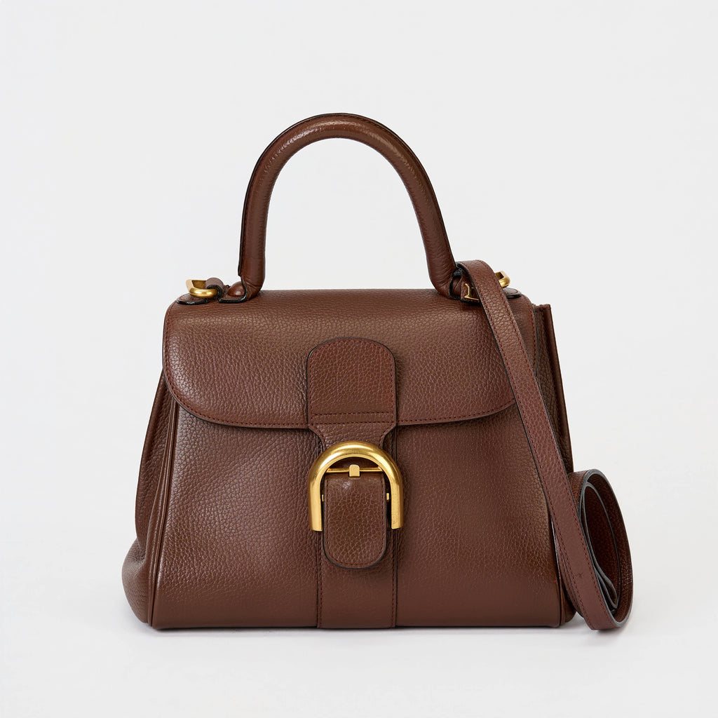 Delvaux Brillant MM Brown Grained Leather Gold Hardware Top‑Handle Bag with Strap