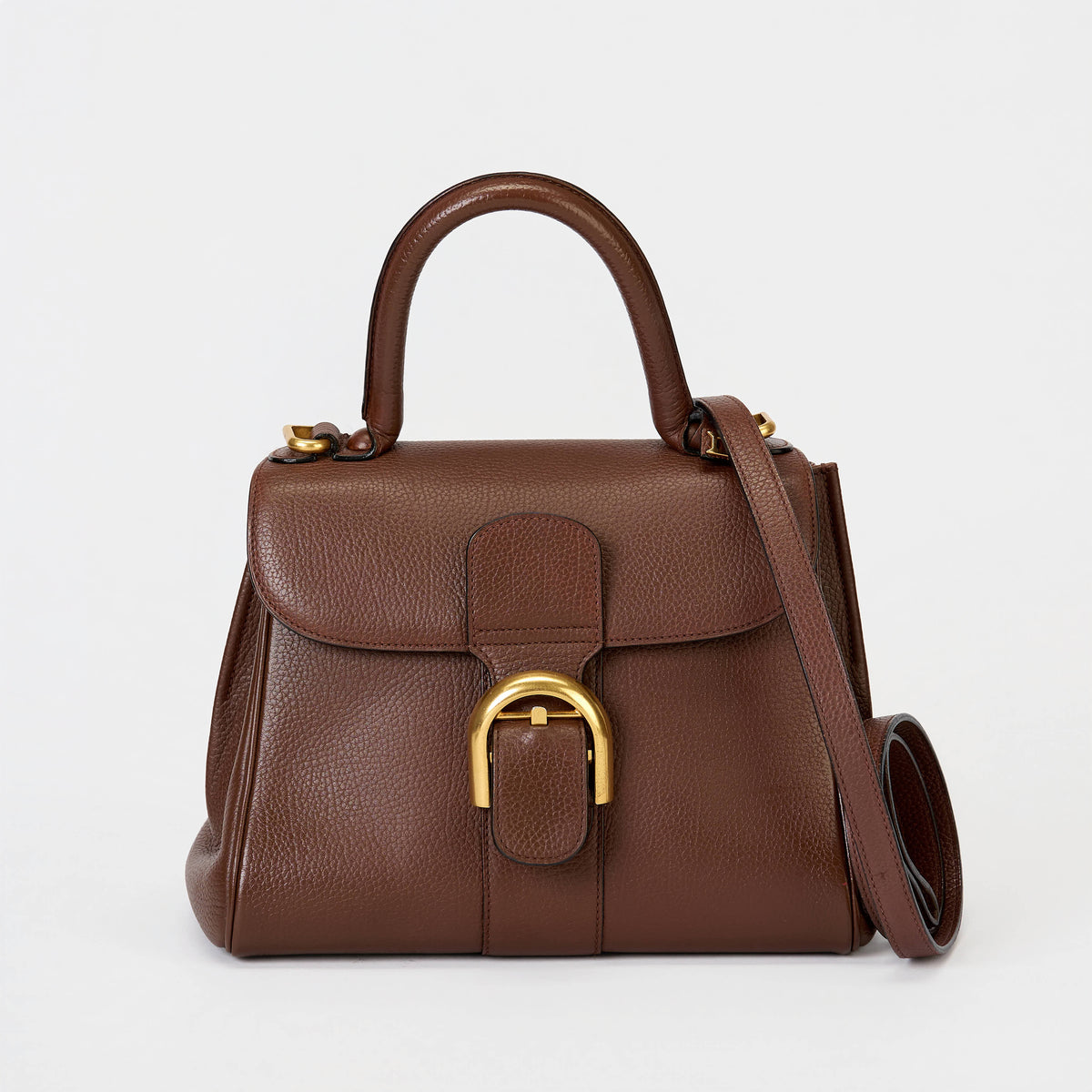 Delvaux Brillant MM Brown Grained Leather Gold Hardware Top‑Handle Bag with Strap