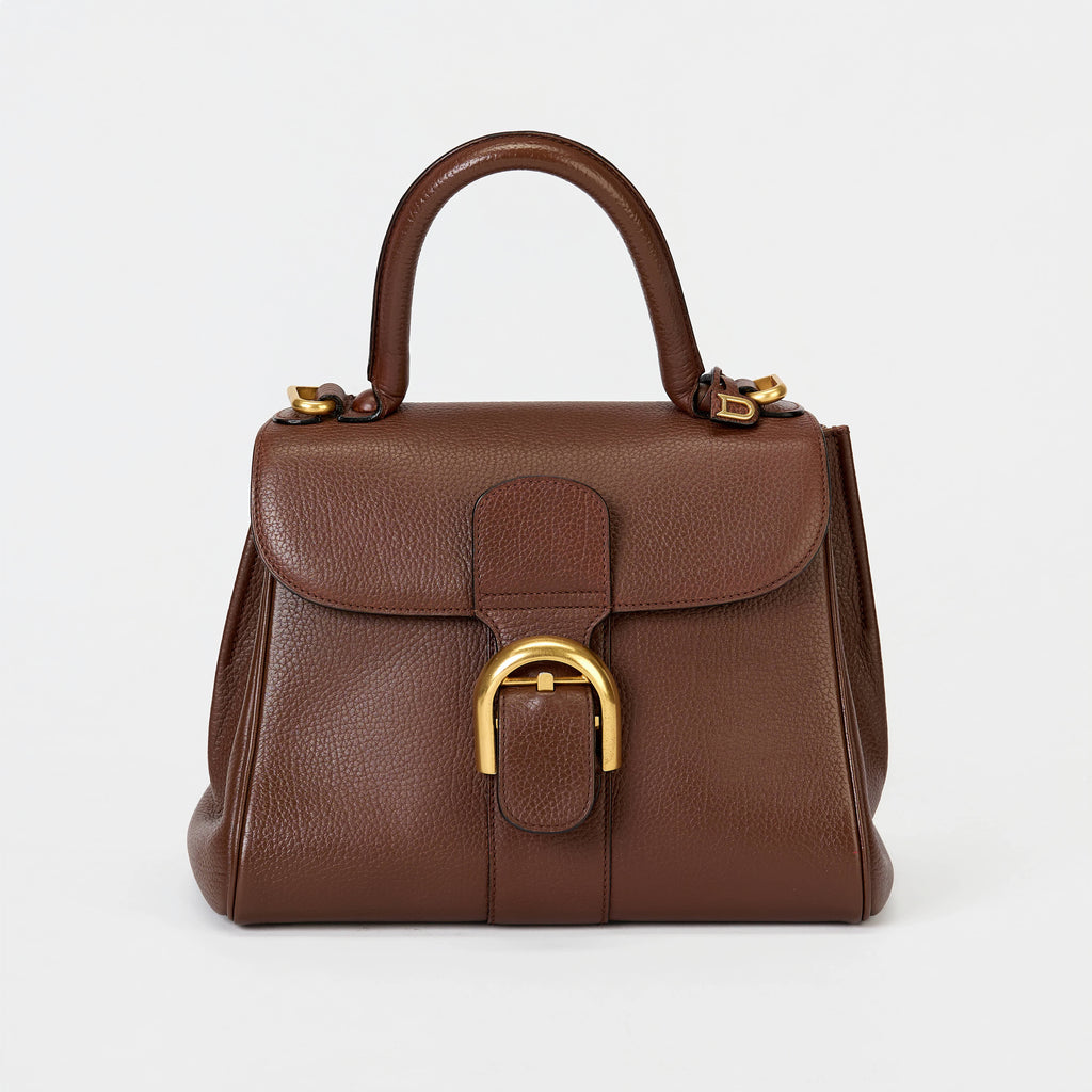 Delvaux Brillant MM Brown Grained Leather Gold Hardware Top‑Handle Bag with Strap