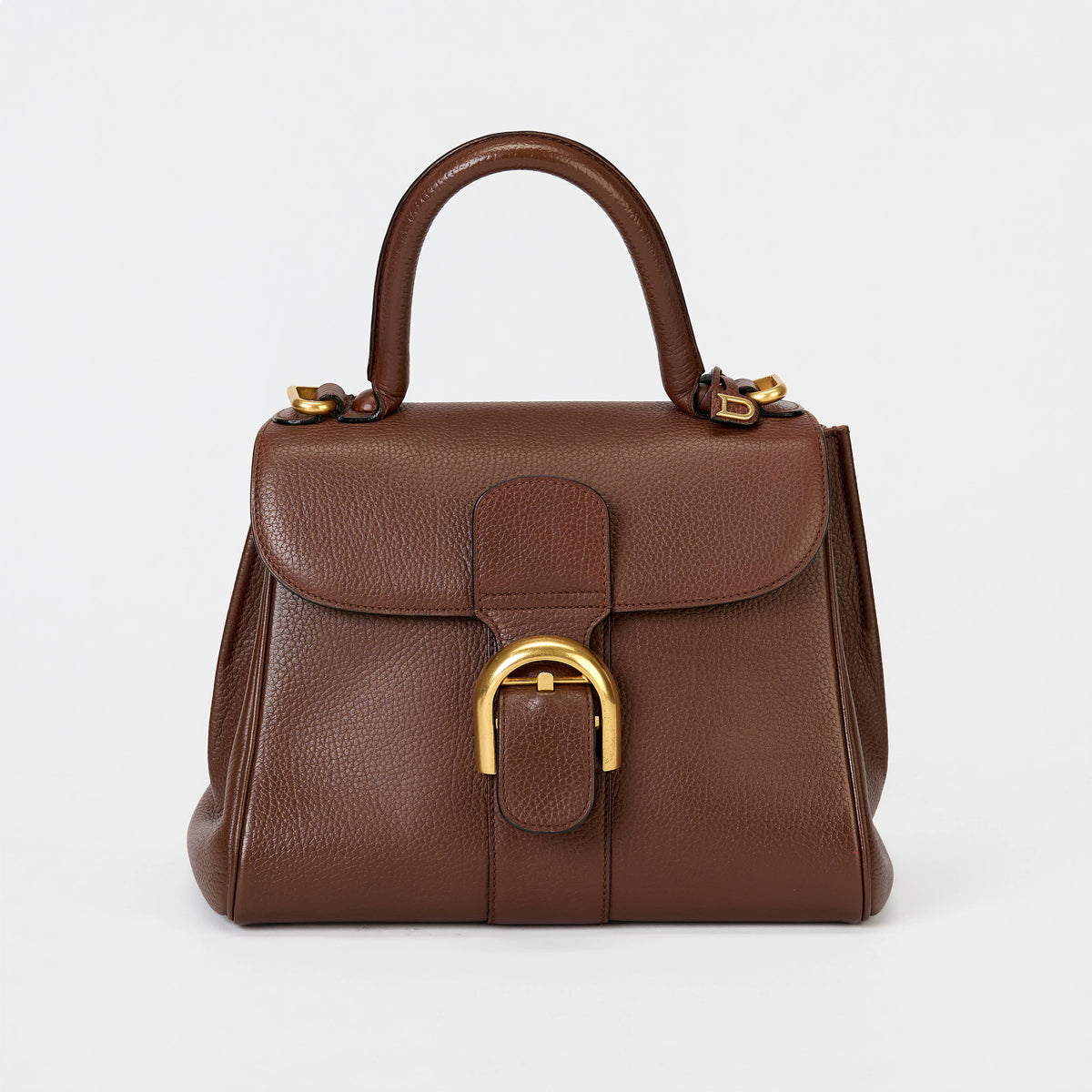 Delvaux Brillant MM Brown Grained Leather Gold Hardware Top‑Handle Bag with Strap