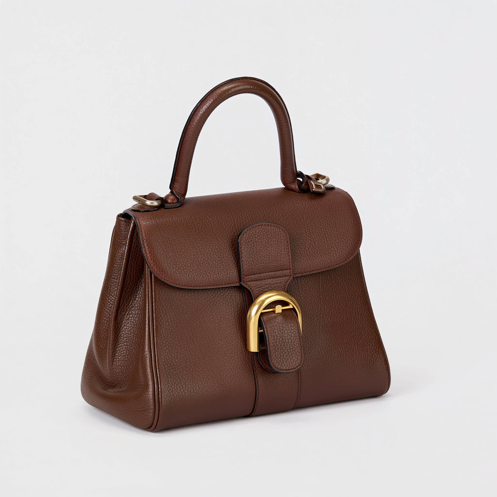 Delvaux Brillant MM Brown Grained Leather Gold Hardware Top‑Handle Bag with Strap