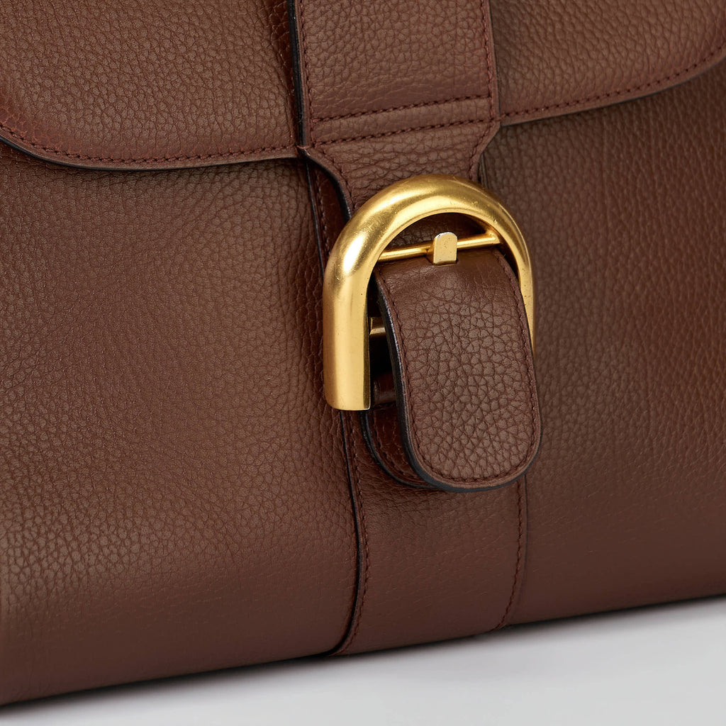 Delvaux Brillant MM Brown Grained Leather Gold Hardware Top‑Handle Bag with Strap