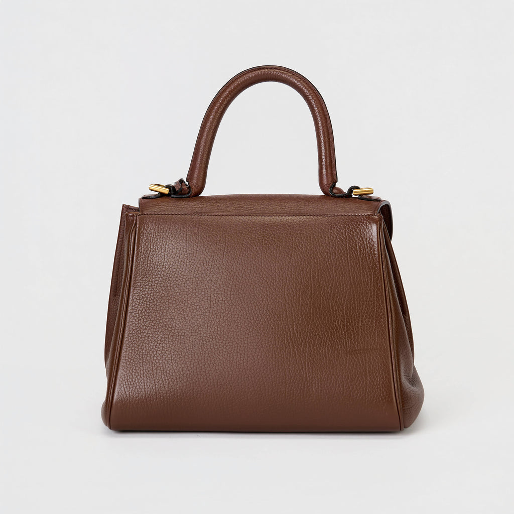 Delvaux Brillant MM Brown Grained Leather Gold Hardware Top‑Handle Bag with Strap