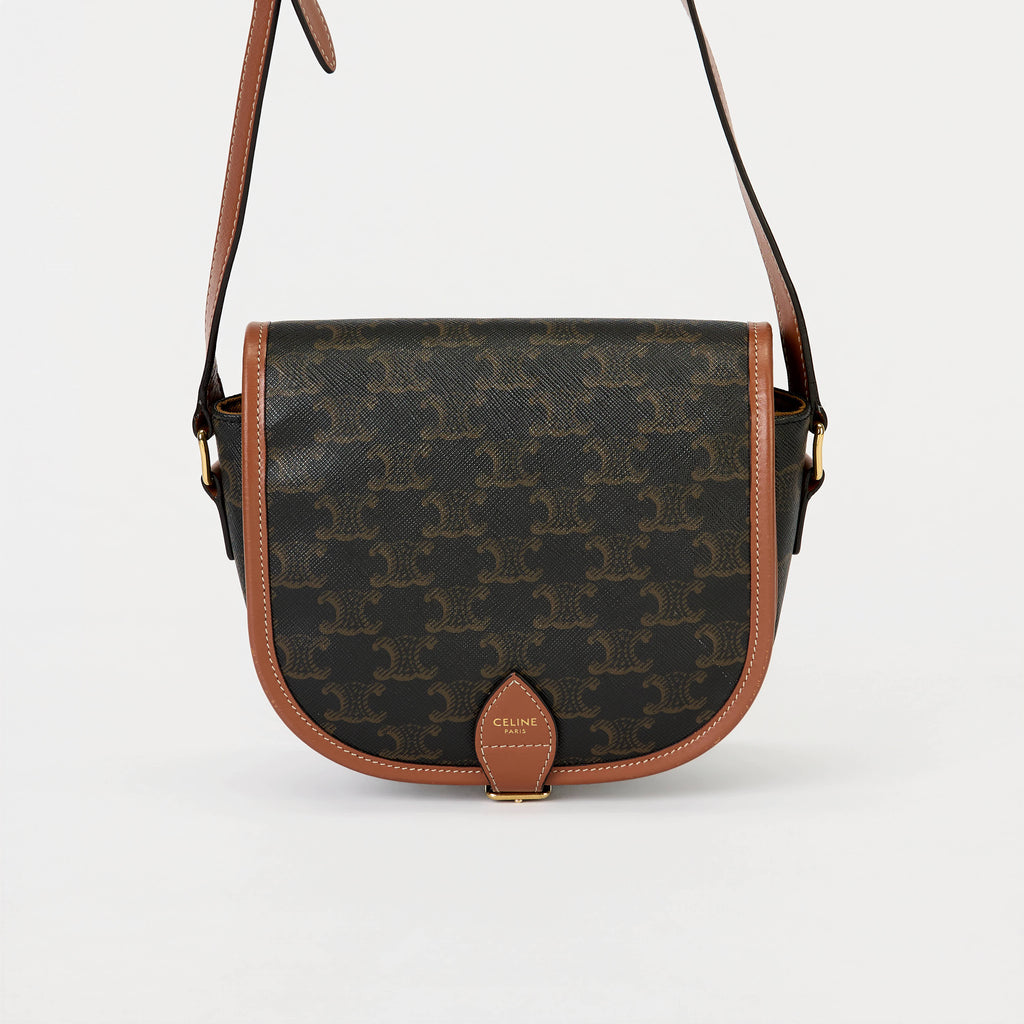 Celine Folco Triomphe Canvas Saddle Crossbody Bag Tan Leather Trim Gold Hardware