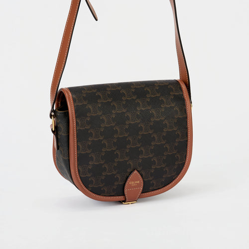 Celine Folco Triomphe Canvas Saddle Crossbody Bag Tan Leather Trim Gold Hardware