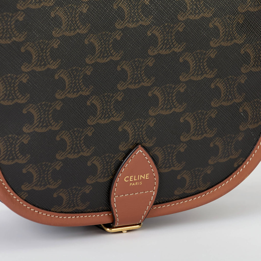 Celine Folco Triomphe Canvas Saddle Crossbody Bag Tan Leather Trim Gold Hardware