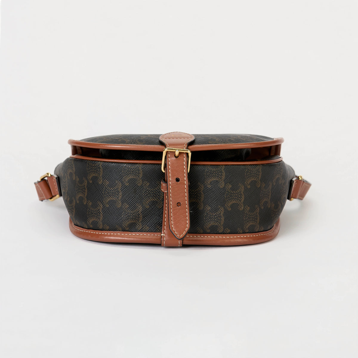 Celine Folco Triomphe Canvas Saddle Crossbody Bag Tan Leather Trim Gold Hardware