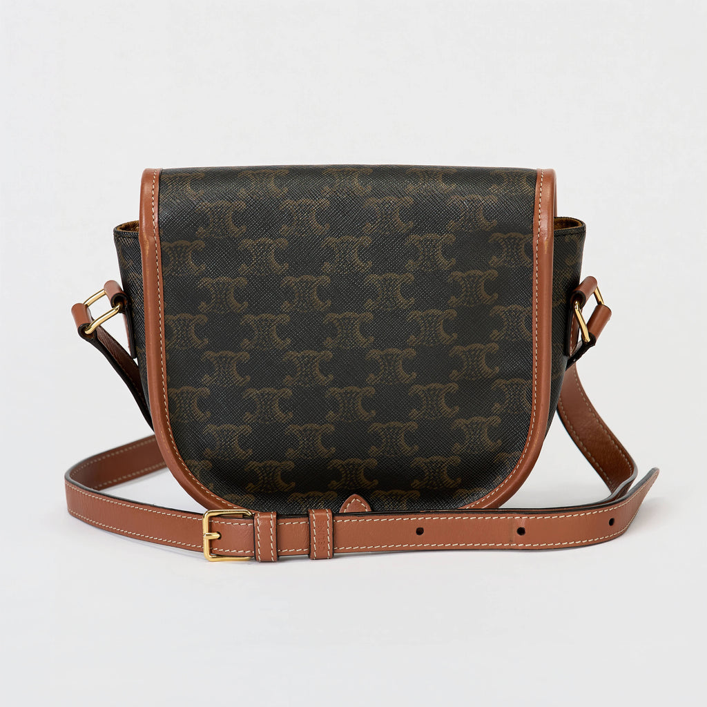 Celine Folco Triomphe Canvas Saddle Crossbody Bag Tan Leather Trim Gold Hardware