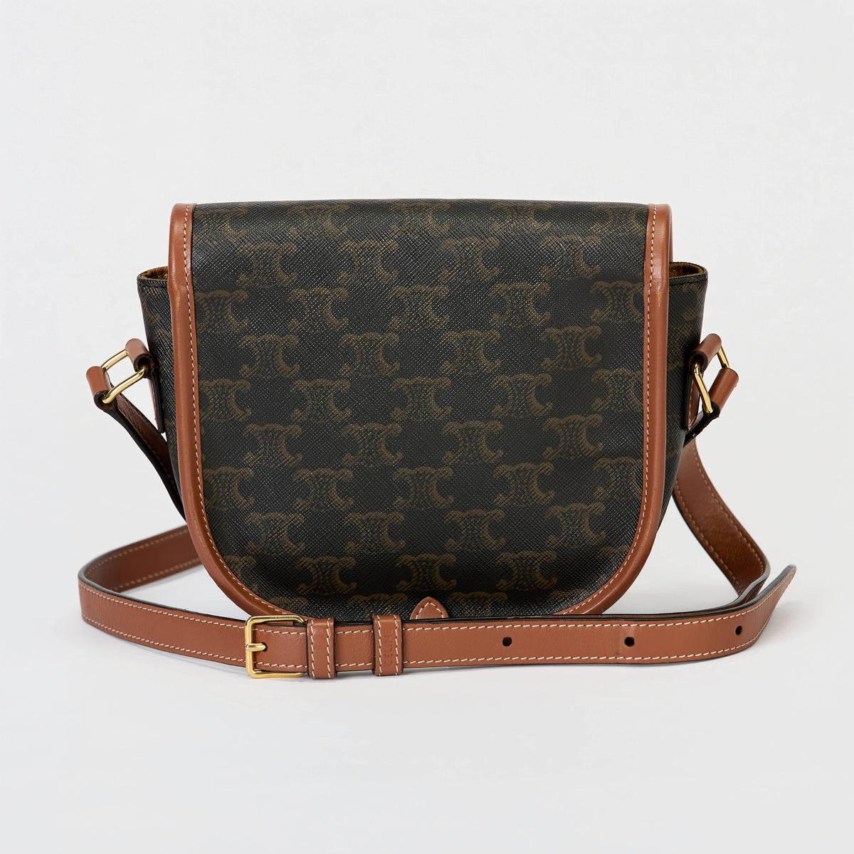 Celine Folco Triomphe Canvas Saddle Crossbody Bag Tan Leather Trim Gold Hardware