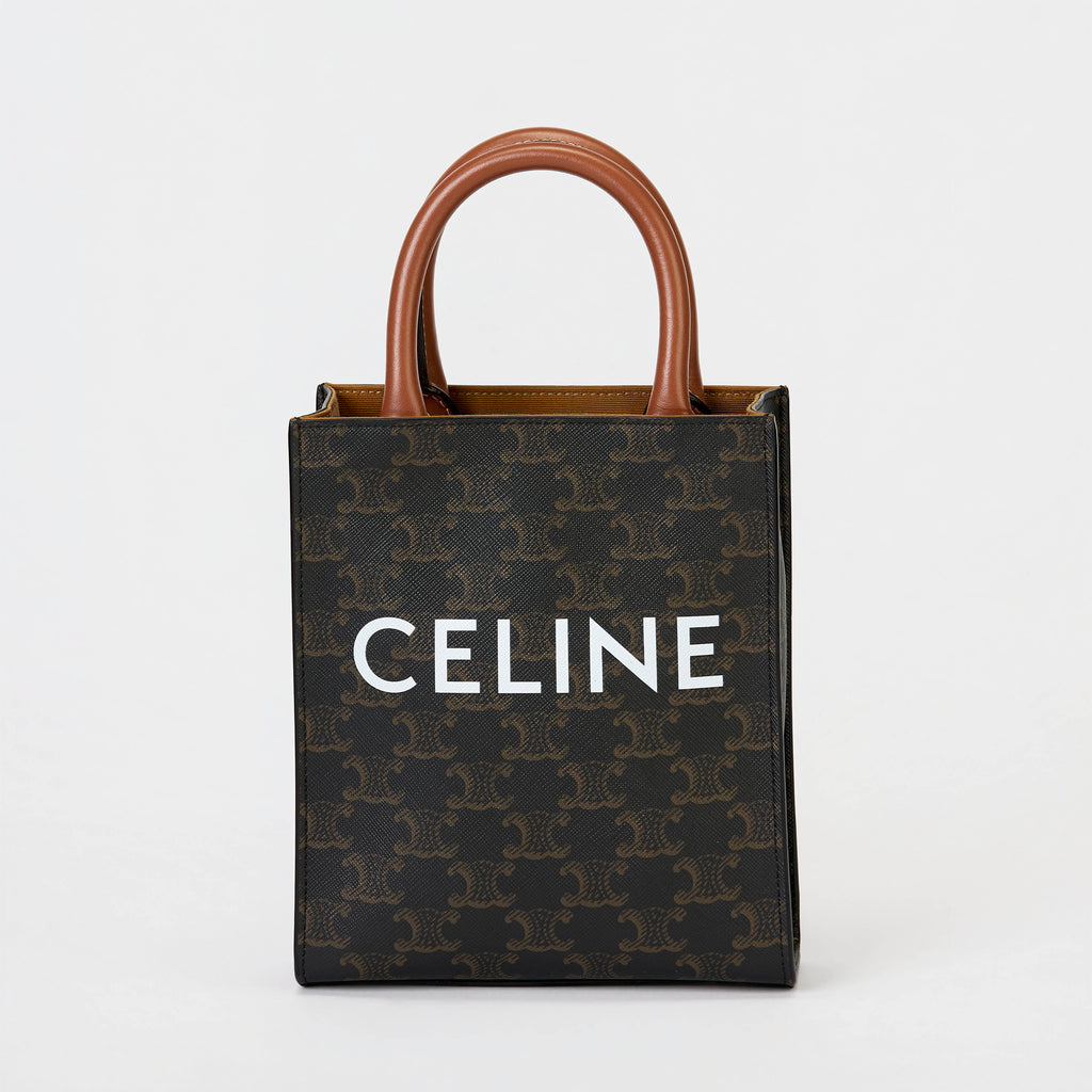 Celine Mini Vertical Cabas Tote Triomphe Canvas Tan Leather Trim With Strap