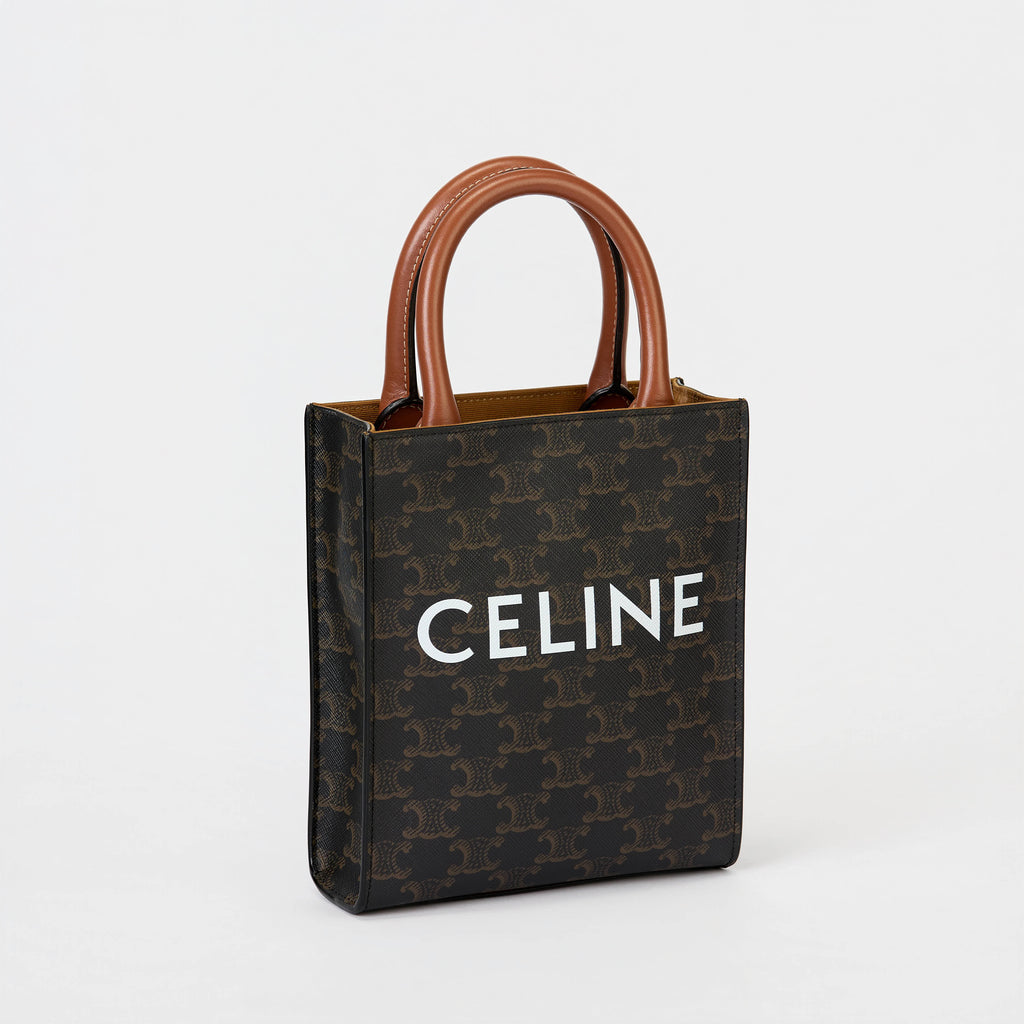Celine Mini Vertical Cabas Tote Triomphe Canvas Tan Leather Trim With Strap