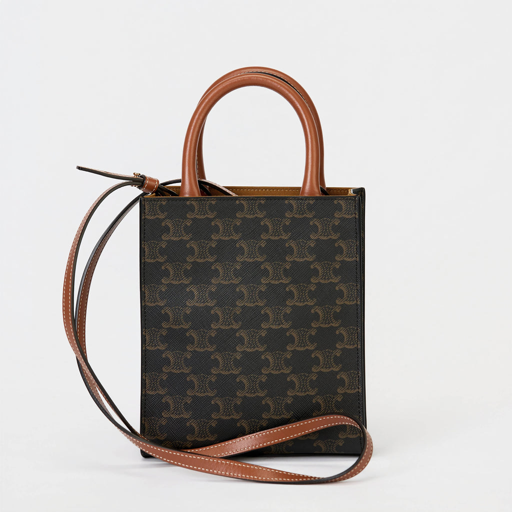 Celine Mini Vertical Cabas Tote Triomphe Canvas Tan Leather Trim With Strap