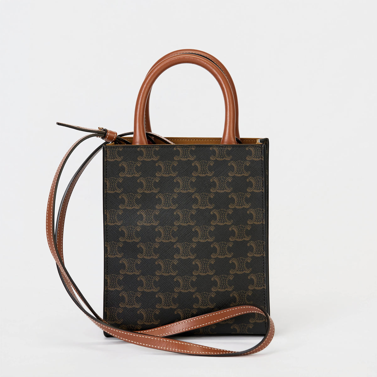 Celine Mini Vertical Cabas Tote Triomphe Canvas Tan Leather Trim With Strap