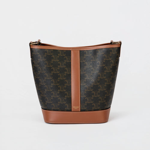 Celine Bucket Bag Triomphe Canvas Tan Smooth Leather Trim Adjustable Strap