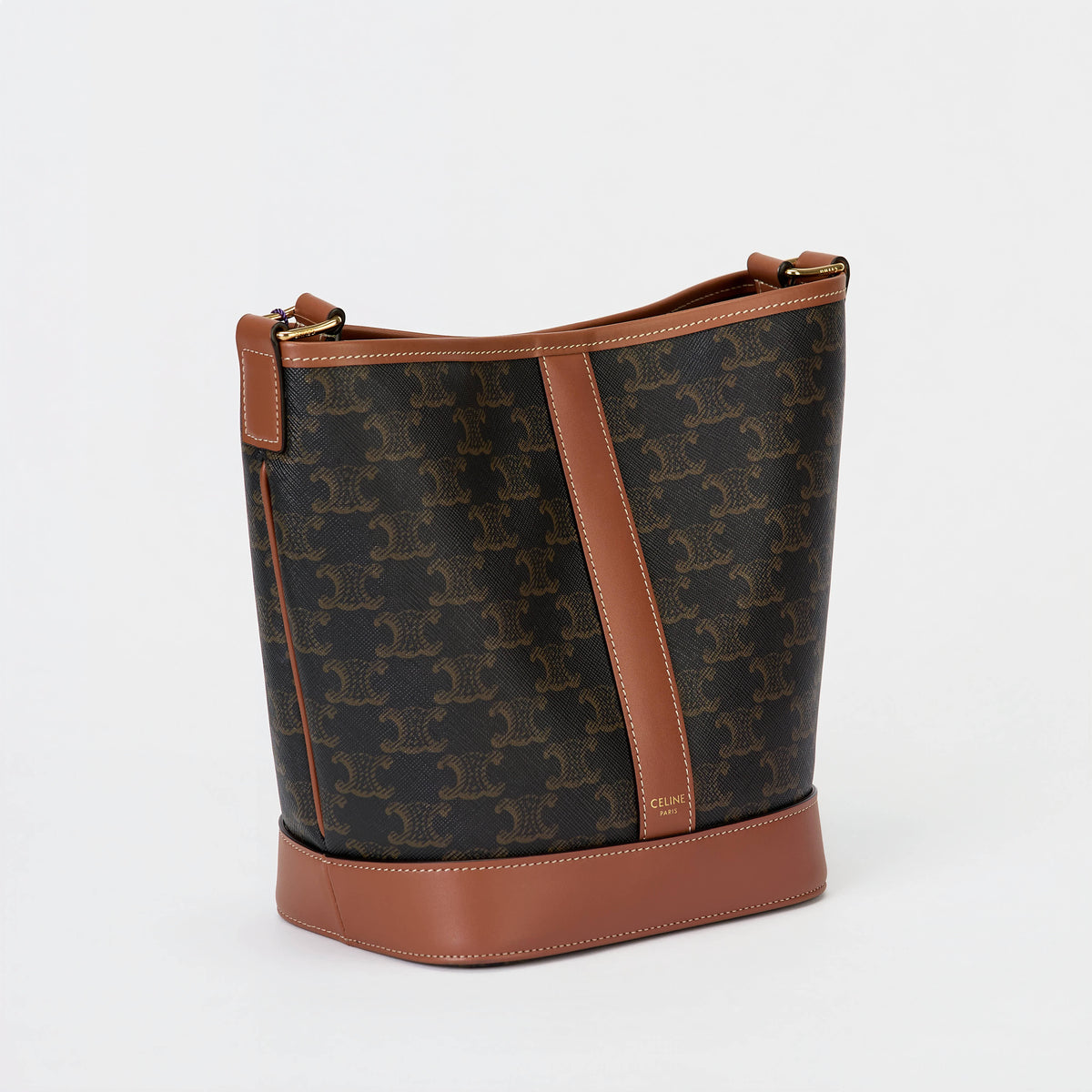 Celine Bucket Bag Triomphe Canvas Tan Smooth Leather Trim Adjustable Strap