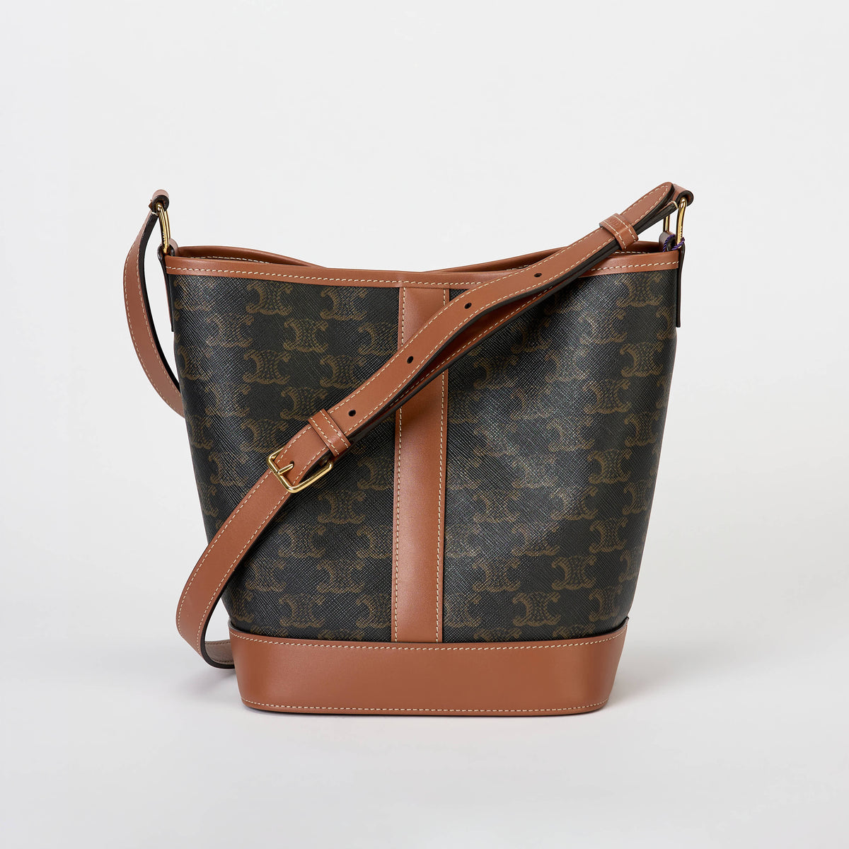 Celine Bucket Bag Triomphe Canvas Tan Smooth Leather Trim Adjustable Strap