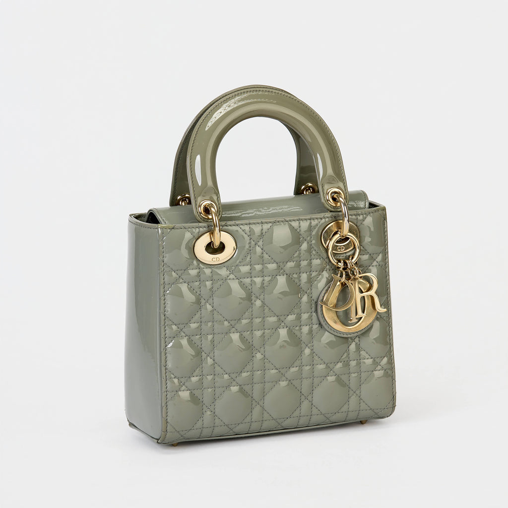 Dior Small Lady Dior Bag Sage Green Patent Cannage Leather Gold‑Tone Hardware With Strap