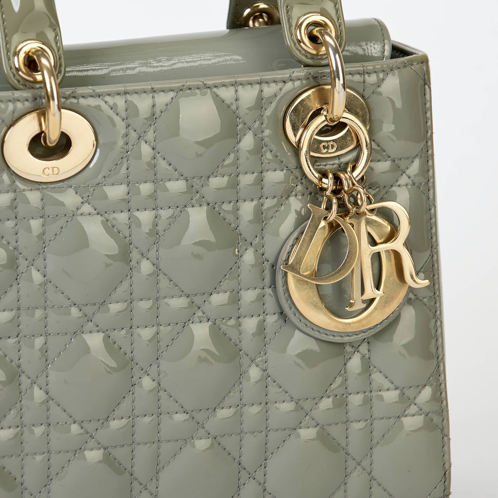 Dior Small Lady Dior Bag Sage Green Patent Cannage Leather Gold‑Tone Hardware With Strap
