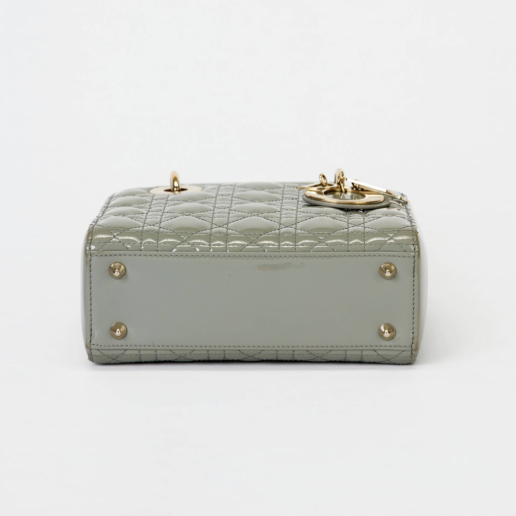 Dior Small Lady Dior Bag Sage Green Patent Cannage Leather Gold‑Tone Hardware With Strap