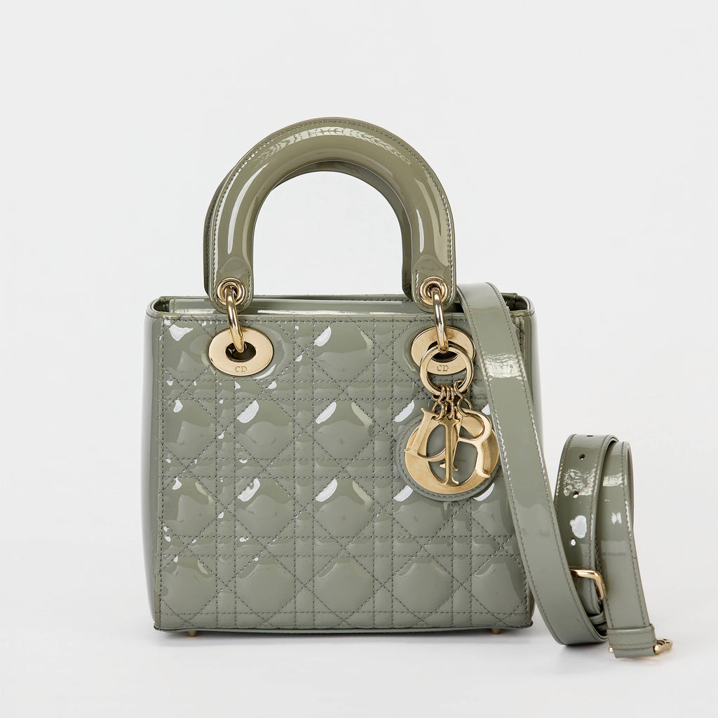 Dior Small Lady Dior Bag Sage Green Patent Cannage Leather Gold‑Tone Hardware With Strap