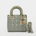 Dior Small Lady Dior Bag Sage Green Patent Cannage Leather Gold‑Tone Hardware With Strap