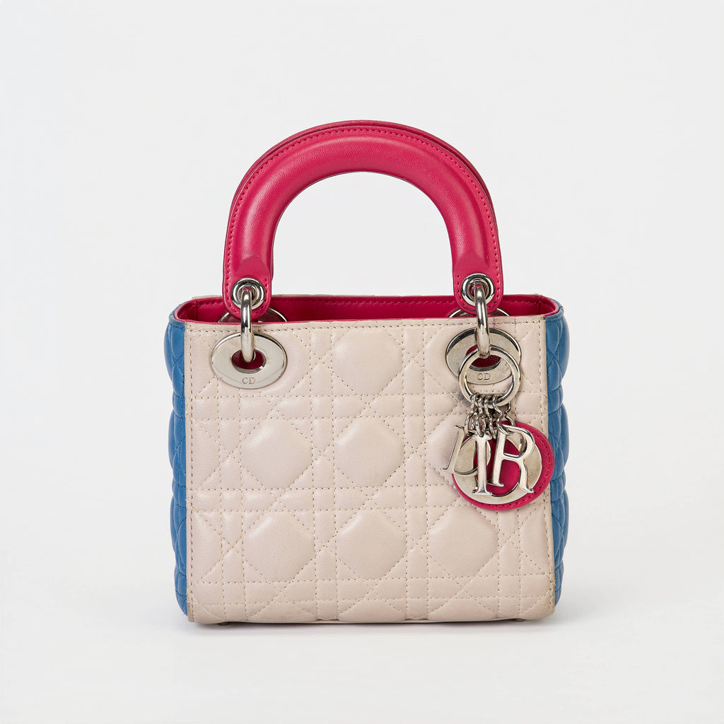 Dior Small Lady Dior Bag Tri‑Color Cannage Calfskin Leather Silver‑Tone Hardware With Strap
