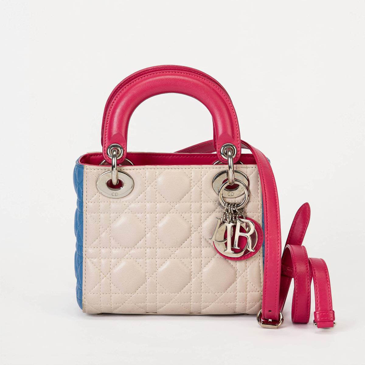 Dior Small Lady Dior Bag Tri‑Color Cannage Calfskin Leather Silver‑Tone Hardware With Strap