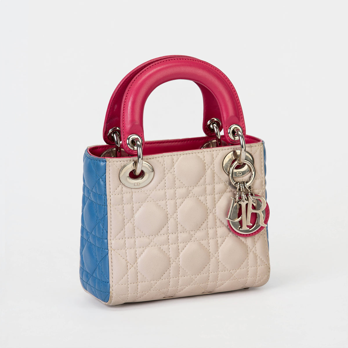 Dior Small Lady Dior Bag Tri‑Color Cannage Calfskin Leather Silver‑Tone Hardware With Strap