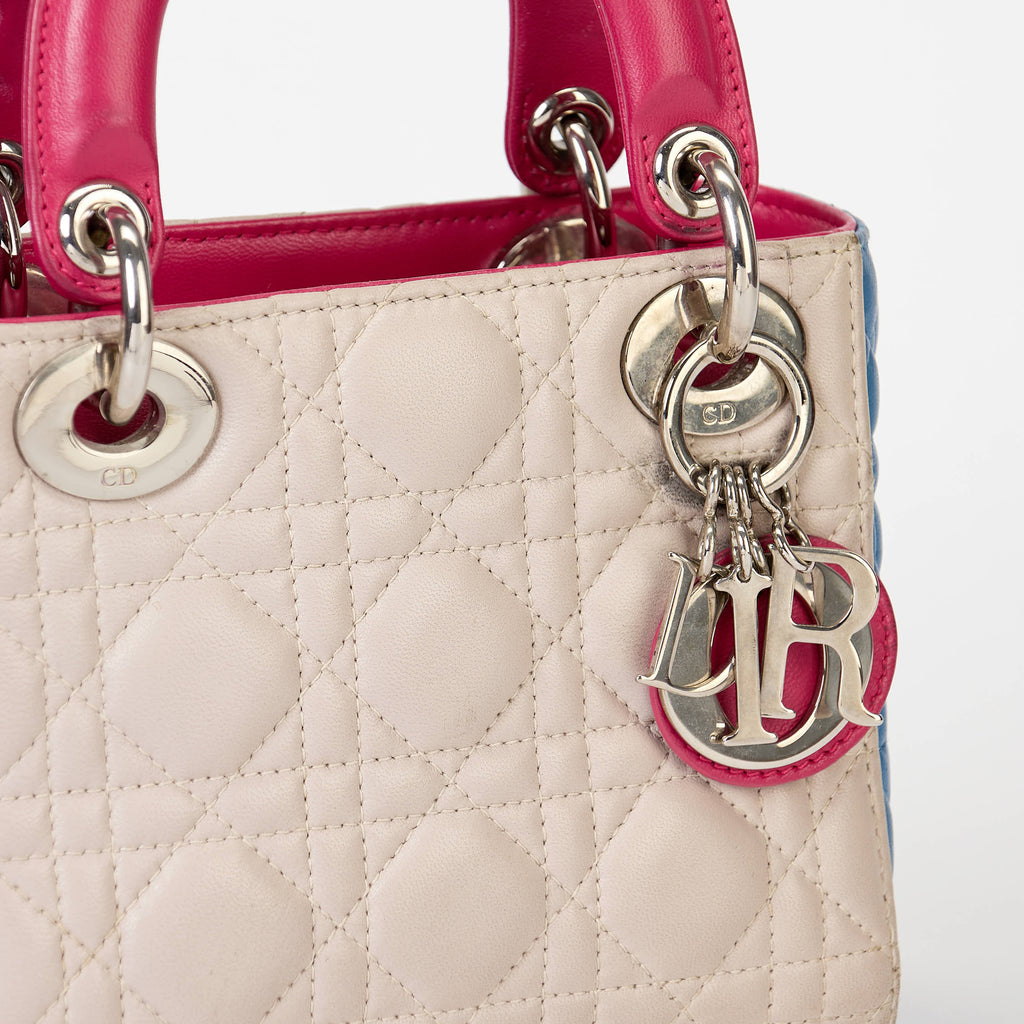 Dior Small Lady Dior Bag Tri‑Color Cannage Calfskin Leather Silver‑Tone Hardware With Strap