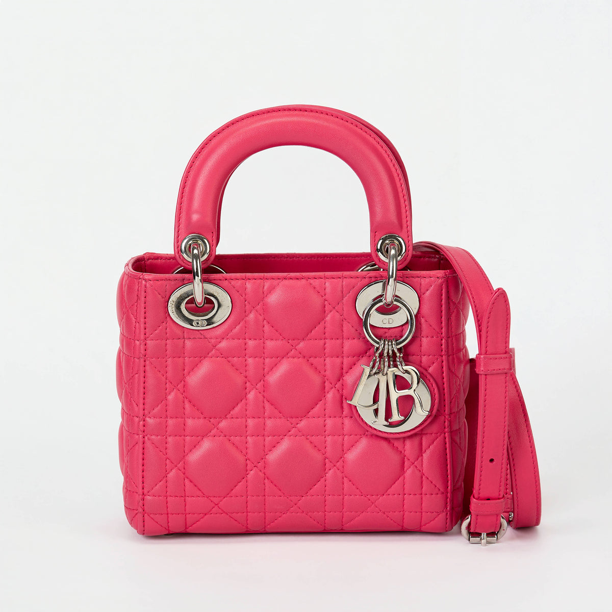 Dior Small Lady Dior Bag Bright Pink Cannage Calfskin Leather Silver‑Tone Hardware With Strap