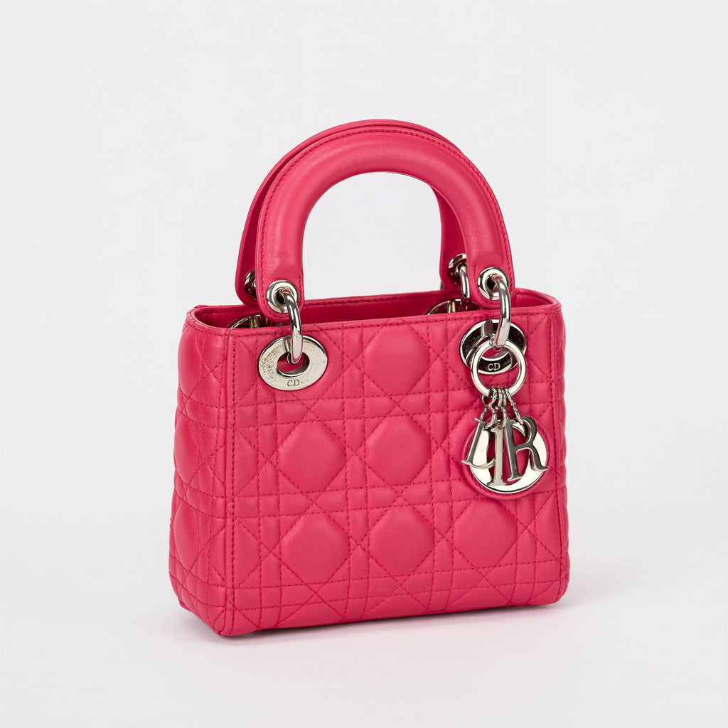 Dior Small Lady Dior Bag Bright Pink Cannage Calfskin Leather Silver‑Tone Hardware With Strap