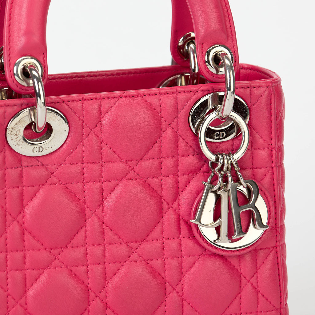 Dior Small Lady Dior Bag Bright Pink Cannage Calfskin Leather Silver‑Tone Hardware With Strap