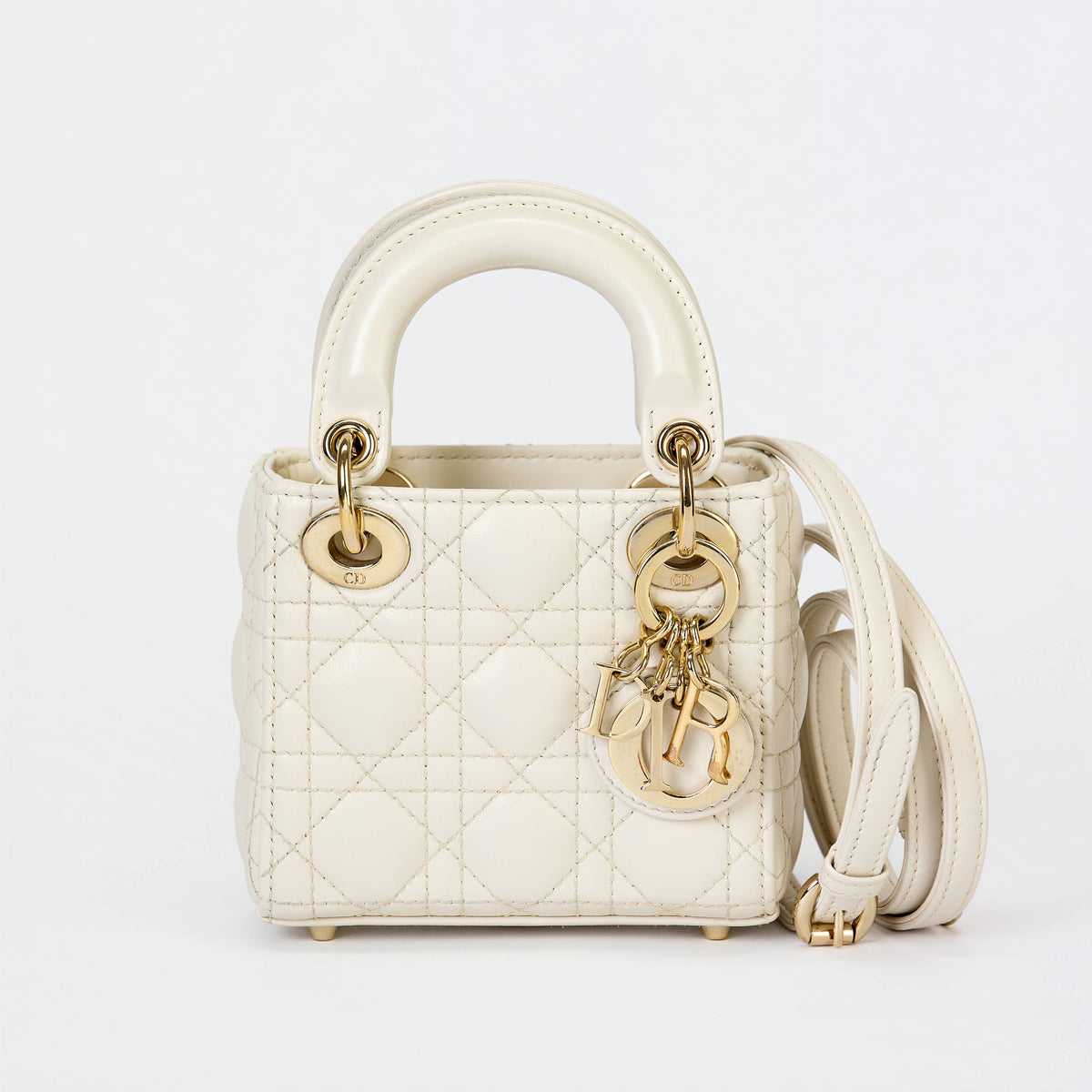 Dior Micro Lady Dior Bag Off‑White Cannage Calfskin Leather Gold‑Tone Hardware With Strap