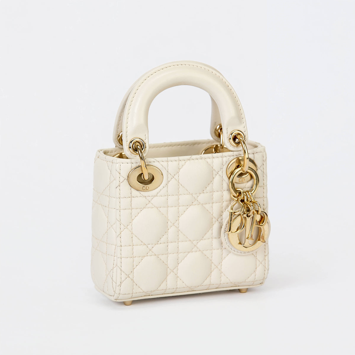 Dior Micro Lady Dior Bag Off‑White Cannage Calfskin Leather Gold‑Tone Hardware With Strap