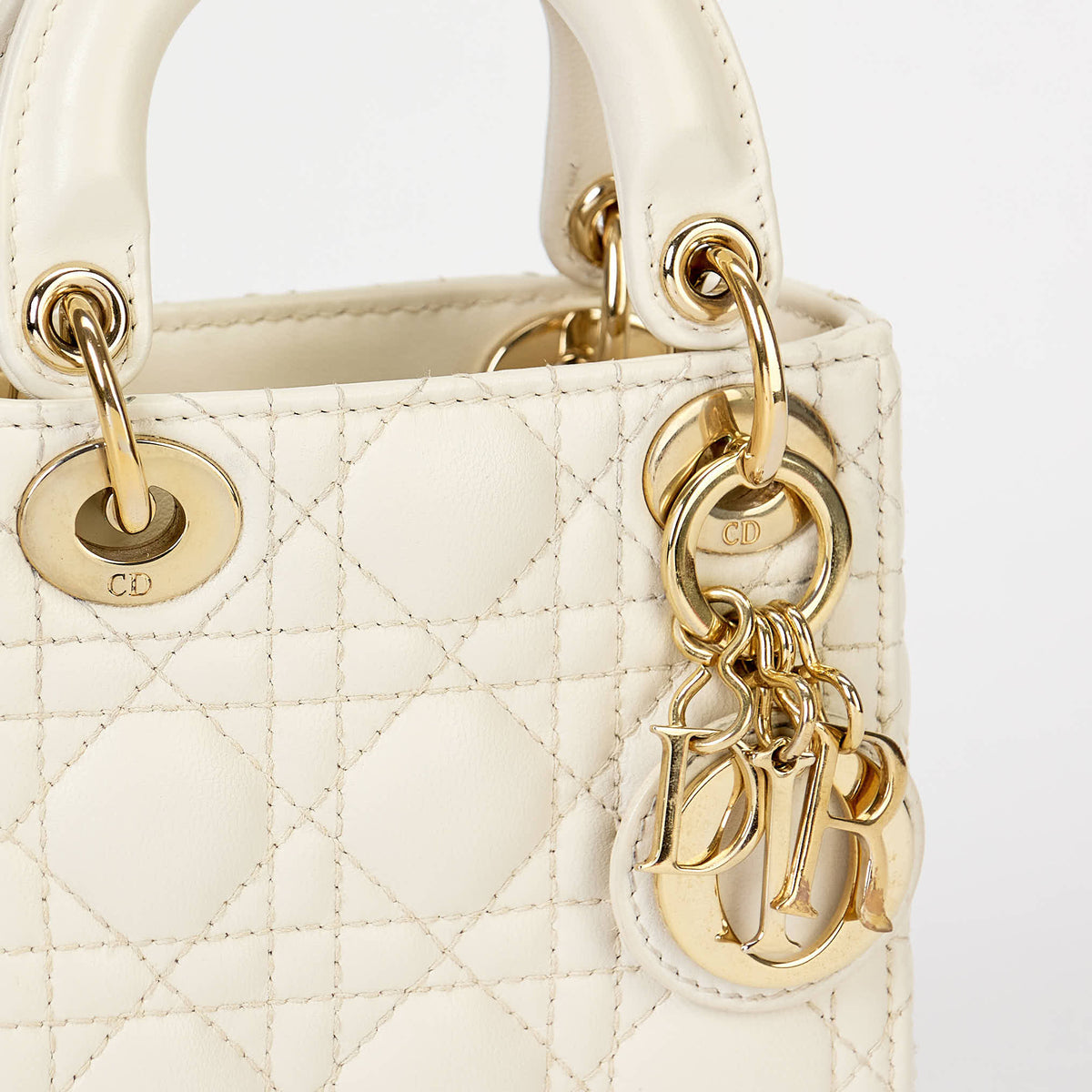 Dior Micro Lady Dior Bag Off‑White Cannage Calfskin Leather Gold‑Tone Hardware With Strap
