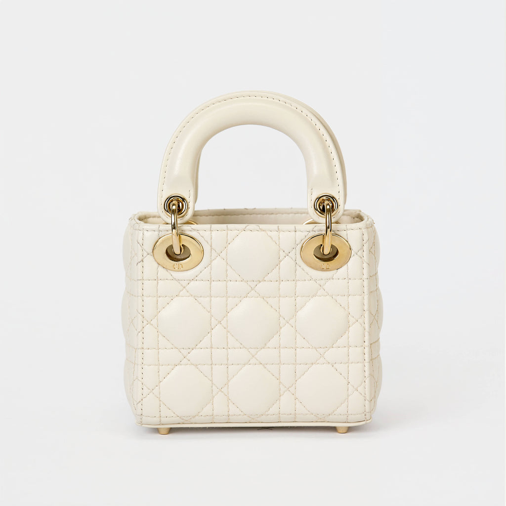 Dior Micro Lady Dior Bag Off‑White Cannage Calfskin Leather Gold‑Tone Hardware With Strap