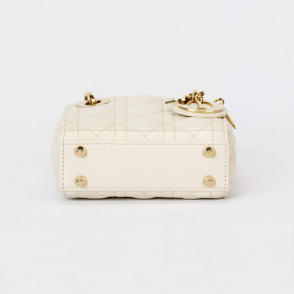 Dior Micro Lady Dior Bag Off‑White Cannage Calfskin Leather Gold‑Tone Hardware With Strap