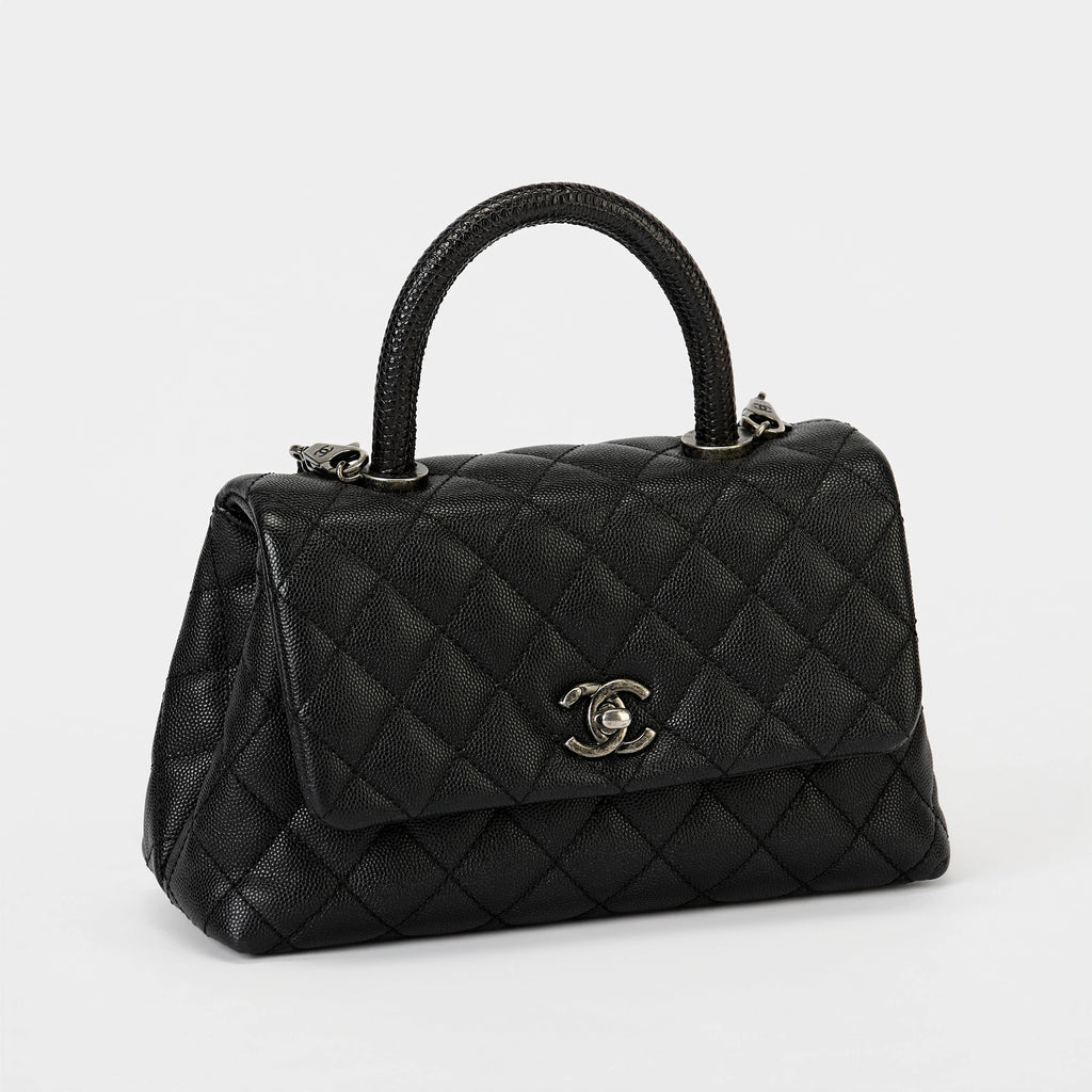 Chanel Small Coco Handle Flap Bag Black Quilted Caviar Leather